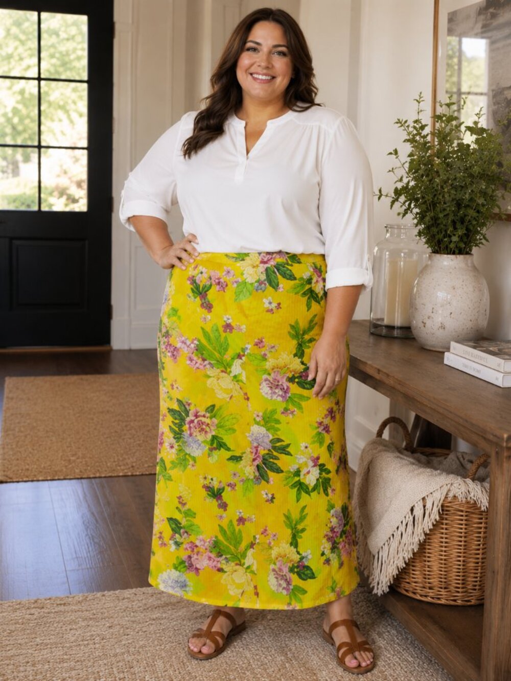 Rouge Collection Women’s 2X Yellow Floral Maxi Skirt Plus Size